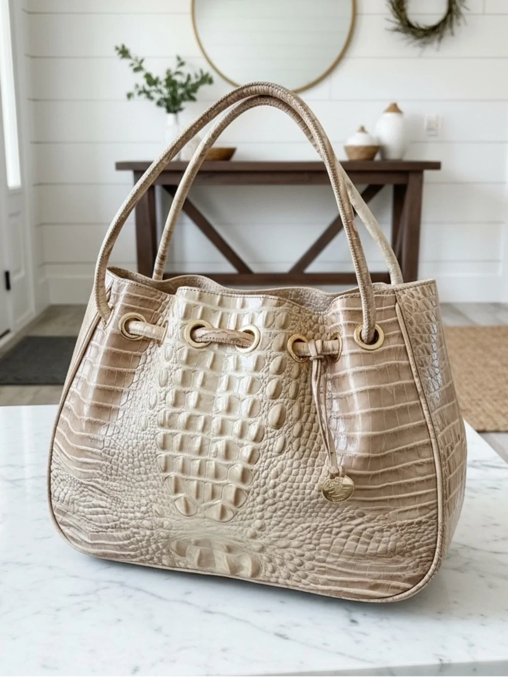 Brahmin Large Duxbury Drawstring Bucket Bag in Parchment Melbourne croc embossed